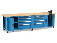 Banco da lavoro regolabile Fami Master 300cm blu con 8 cassetti, armadio, morsa e 4 prese