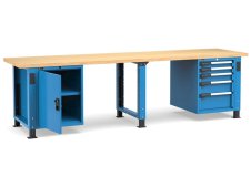 Banco da lavoro regolabile Fami Master 300cm blu con piano in legno, porta e 5 cassetti