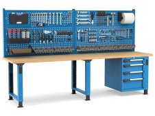 Banco da lavoro regolabile Fami Master 300cm blu con parete attrezzata e 4 cassetti