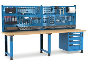 Banco da lavoro regolabile Fami Master 300cm blu con parete attrezzata e 4 cassetti