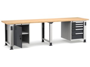 Banco da lavoro regolabile Fami Master 300cm grigio con piano in legno, porta e 5 cassetti