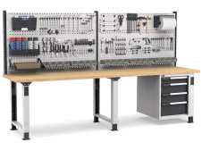 Banco da lavoro regolabile Fami Master 300cm grigio con parete attrezzata e 4 cassetti