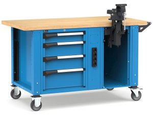 Banco da lavoro regolabile Fami Master 150cm blu con ruote, 4 cassetti, morsa e 4 prese