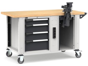 Banco da lavoro regolabile Fami Master 150cm grigio con ruote, 4 cassetti, morsa e 4 prese