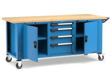 Banco da lavoro regolabile Fami Master 200cm blu con ruote, 2 armadi e 4 cassetti