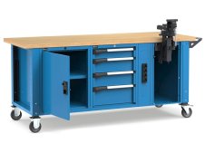 Banco da lavoro regolabile Fami Master 200cm blu con ruote, 4 cassetti, armadio, morsa e 4 prese