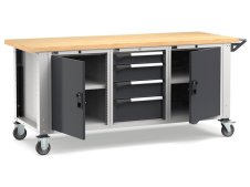 Banco da lavoro regolabile Fami Master 200cm grigio con ruote, 2 armadi e 4 cassetti