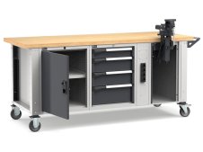 Banco da lavoro regolabile Fami Master 200cm grigio con ruote, 4 cassetti, armadio, morsa e 4 prese