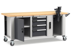 Banco da lavoro regolabile Fami Master 200cm grigio con ruote, 4 cassetti, armadio, morsa e 4 prese