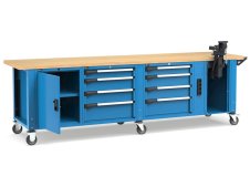 Banco da lavoro regolabile Fami Master 300cm blu con ruote, 8 cassetti, armadio, morsa e 4 prese