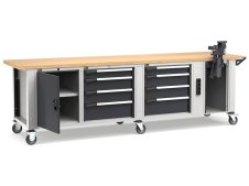 Banco da lavoro regolabile Fami Master 300cm grigio con ruote, 8 cassetti, armadio, morsa e 4 prese