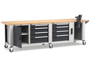 Banco da lavoro regolabile Fami Master 300cm grigio con ruote, 8 cassetti, armadio, morsa e 4 prese