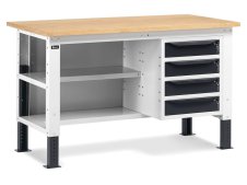 Banco da lavoro regolabile Fami WORK1507 150cm, piano in legno, 4 cassetti e 2 semipiano