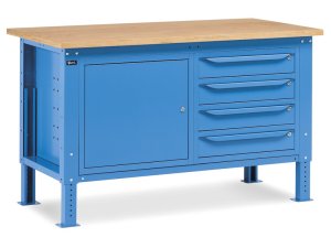 Banco da lavoro regolabile Fami WORK1510 150cm, piano in legno, armadio e 4 cassetti