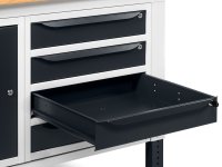 Banco da lavoro regolabile Fami WORK1509 150cm, piano in legno, armadio e 4 cassetti