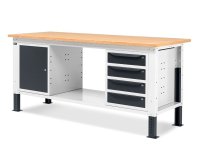 Banco da lavoro regolabile Fami WORK2005 200cm bicolore piano in legno, armadietto e 4 cassetti
