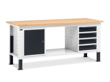 Banco da lavoro regolabile Fami WORK2005 200cm bicolore piano in legno, armadietto e 4 cassetti