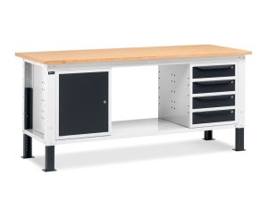 Banco da lavoro regolabile Fami WORK2005 200cm bicolore piano in legno, armadietto e 4 cassetti