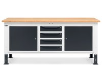 Banco da lavoro regolabile Fami WORK2009 200cm piano in legno, 2 armadi e 4 cassetti