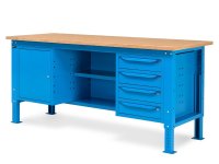 Banco da lavoro regolabile Fami WORK2008 200cm chiuso, piano in legno, armadio e 4 cassetti