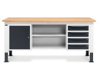 Banco da lavoro regolabile Fami WORK2007 200cm chiuso, piano in legno, armadio e 4 cassetti