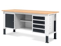 Banco da lavoro regolabile Fami WORK2007 200cm chiuso, piano in legno, armadio e 4 cassetti