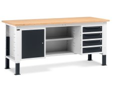 Banco da lavoro regolabile Fami WORK2007 200cm chiuso, piano in legno, armadio e 4 cassetti