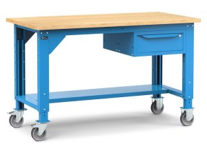 Banco da lavoro Fami Work 150cm blu con ruote, piano in legno e cassetto