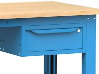 Banco da lavoro Fami Work 200cm blu con ruote, piano in legno e cassetto