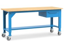 Banco da lavoro Fami Work 200cm blu con ruote, piano in legno e cassetto