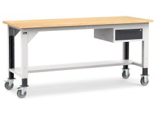 Banco da lavoro Fami Work 200cm grigio con ruote, piano in legno e cassetto