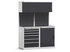 Arredo modulare Fami GARAGE024 con armadio, cassettiera e piano acciaio, 1428mm