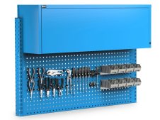 Parete attrezzata Fami Work Look 1500x373x1063mm blu con pensile, 8 contenitori e 60 ganci