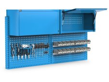 Parete attrezzata Fami Work Look 2000x373x1063mm blu con 2 pensili, 16 contenitori e 60 ganci