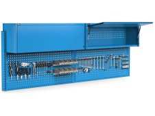 Parete attrezzata Fami Work Look 2970x373x1063mm blu con 2 pensili, 8 contenitori e 150 ganci
