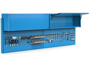 Parete attrezzata Fami Work Look 2970x373x1063mm blu con 2 pensili, 8 contenitori e 150 ganci