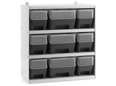 Scaffale per 9 contenitori RK Box Air Fami 496x304x546mm grigio chiaro con coperchi e frontalini
