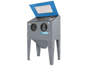 Sabbiatrice Fervi 0575S smontata con guanti e pistola per sabbiare 905x620x1390mm