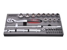Set 35 bussole e inserti Kravm con cricchetto a 72 denti, attacco 1/2" Set 35 bussole e inserti Kravm con cricchetto a 72 denti, attacco 1/2"