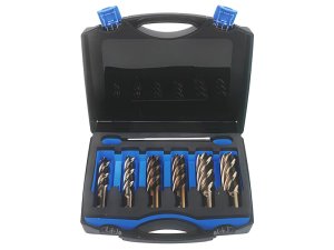 Assortimento 6 frese a carotare lunghe Krino in HSS-CO 5% con attacco Weldon in valigetta, 12-22mm