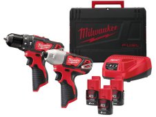 Kit Milwaukee 12V Trapano BPD + Avvitatore impulsi BID con 3 batterie e caricabatterie