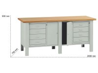 Banco da lavoro Tecnotelai Classic 2000x750x900mm con piano in legno, 8 cassetti e 2 armadi