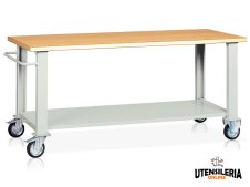 Banco da lavoro con ruote Tecnotelai con piano in legno 2000x750x900mm Banco da lavoro con ruote Tecnotelai con piano in legno 2000x750x900mm
