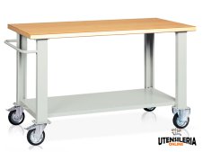 Banco da lavoro con ruote Tecnotelai con piano in legno 1500x750x900mm Banco da lavoro con ruote Tecnotelai con piano in legno 1500x750x900mm