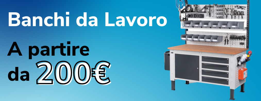 Banchi da lavoro professionali in legno e ferro accessoriati