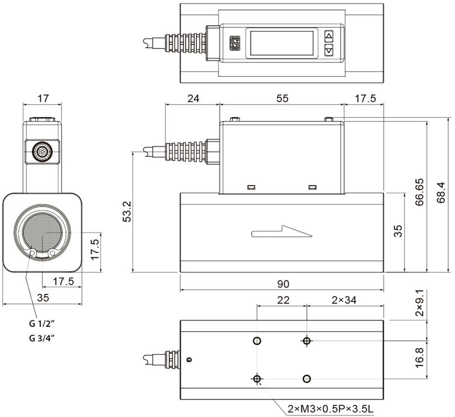 Schema tecnico sensore digitale di portata e pressione Aignep PRO3