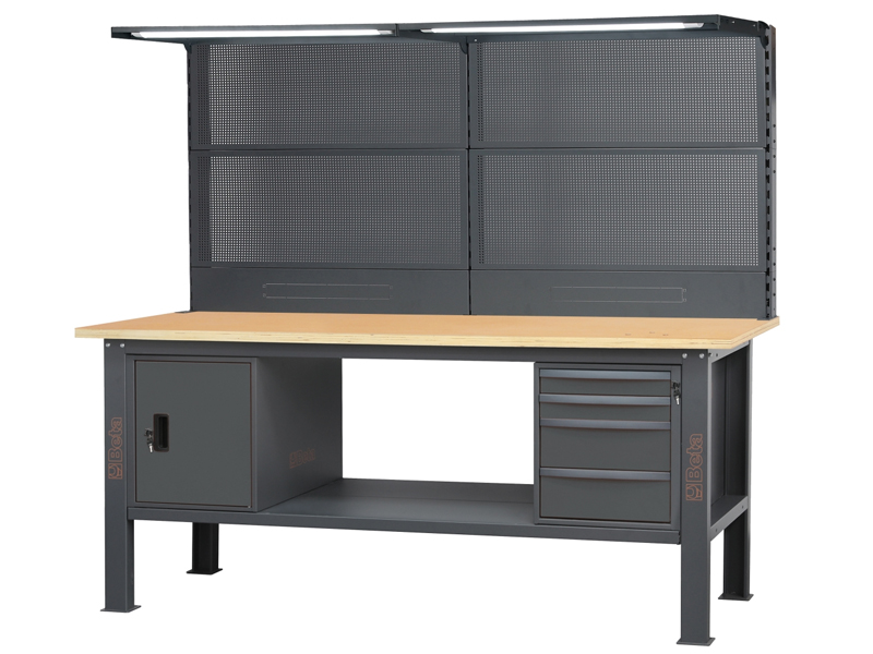 Banco da lavoro Beta C58BC-W2,1 4CA/A 210cm grigio, piano legno, 4 cassetti, armadio, parete e led
