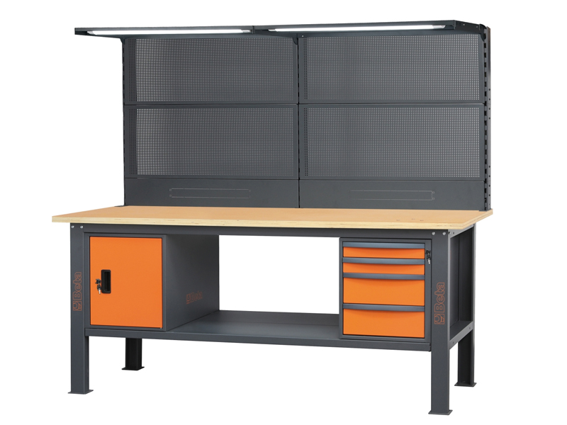 Banco da lavoro Beta C58BC-W2,1 4CA/O 210cm bicolore, piano legno, 4 cassetti, armadio, parete e led
