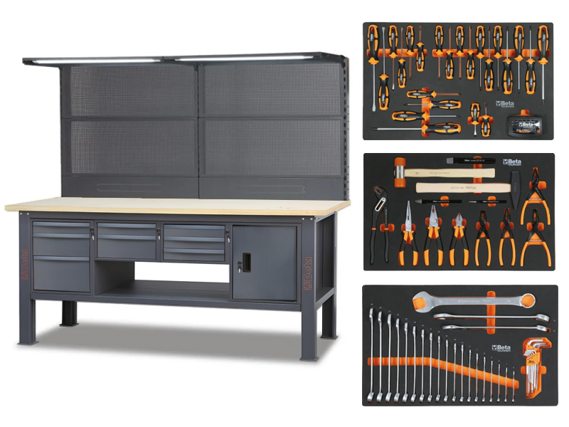Banco da lavoro Beta C58BC-W2,1/A 210cm antracite con piano in legno e 89 utensili