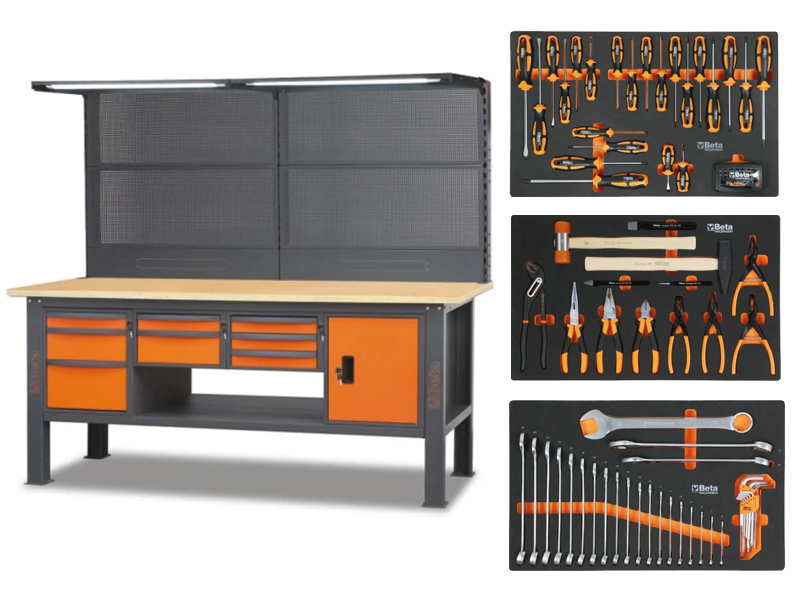 Banco da lavoro Beta C58BC-W2,1/O 210cm bicolore con piano in legno e 89 utensili